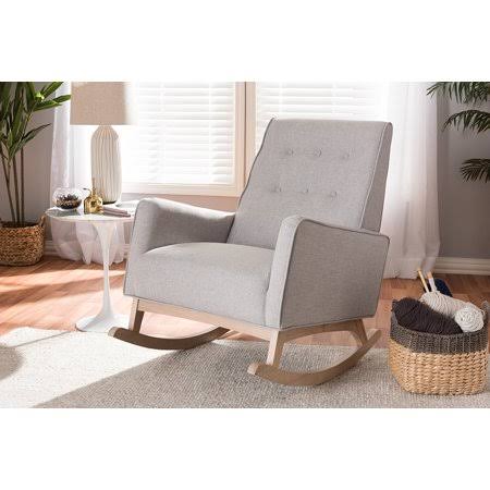 Greyish Beige Fabric Upholstered Whitewash Wood Rocking Chair T30201