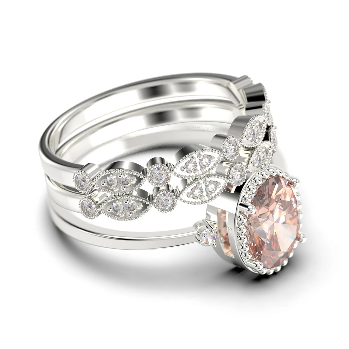 2.35 Carat Oval Cut Morganite And Diamond Moissanite Engagement Ring In 925 Sterling Silver With 18k White Gold Plating L6027