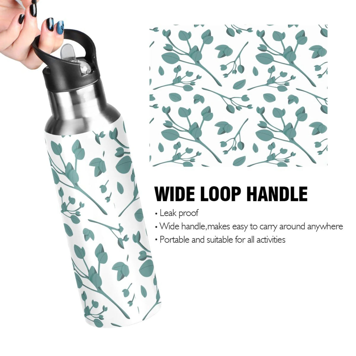Blue Leaves Stainless Steel Insulated Water Bottle with Straw Lid H273