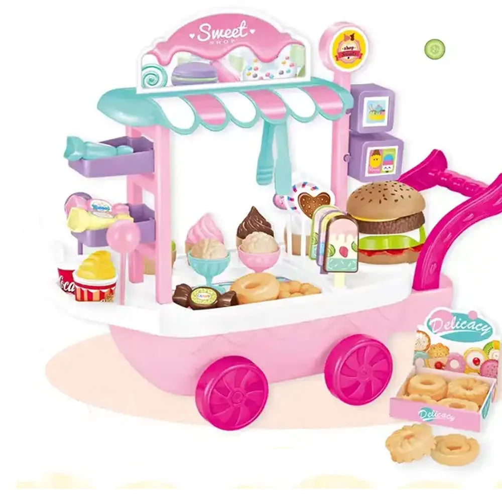 Dessert Candy Trolley Kitchen Toy Set with Umbrella Food Dishes Q30844