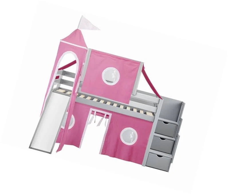 Pink & White Twin Loft Bed with Slide and Tent D535891