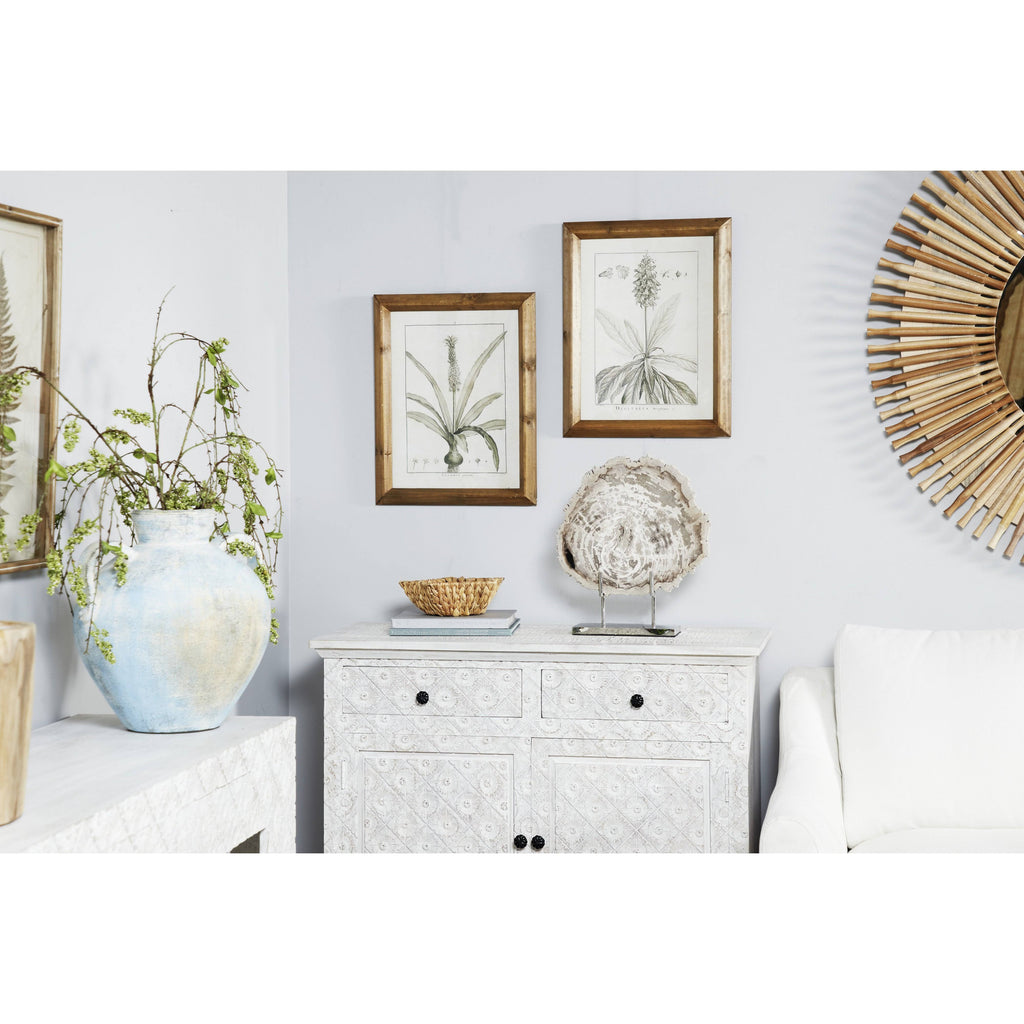 Large Black and White Vintage Botanical Prints in Natural Wood Frames Set V2872