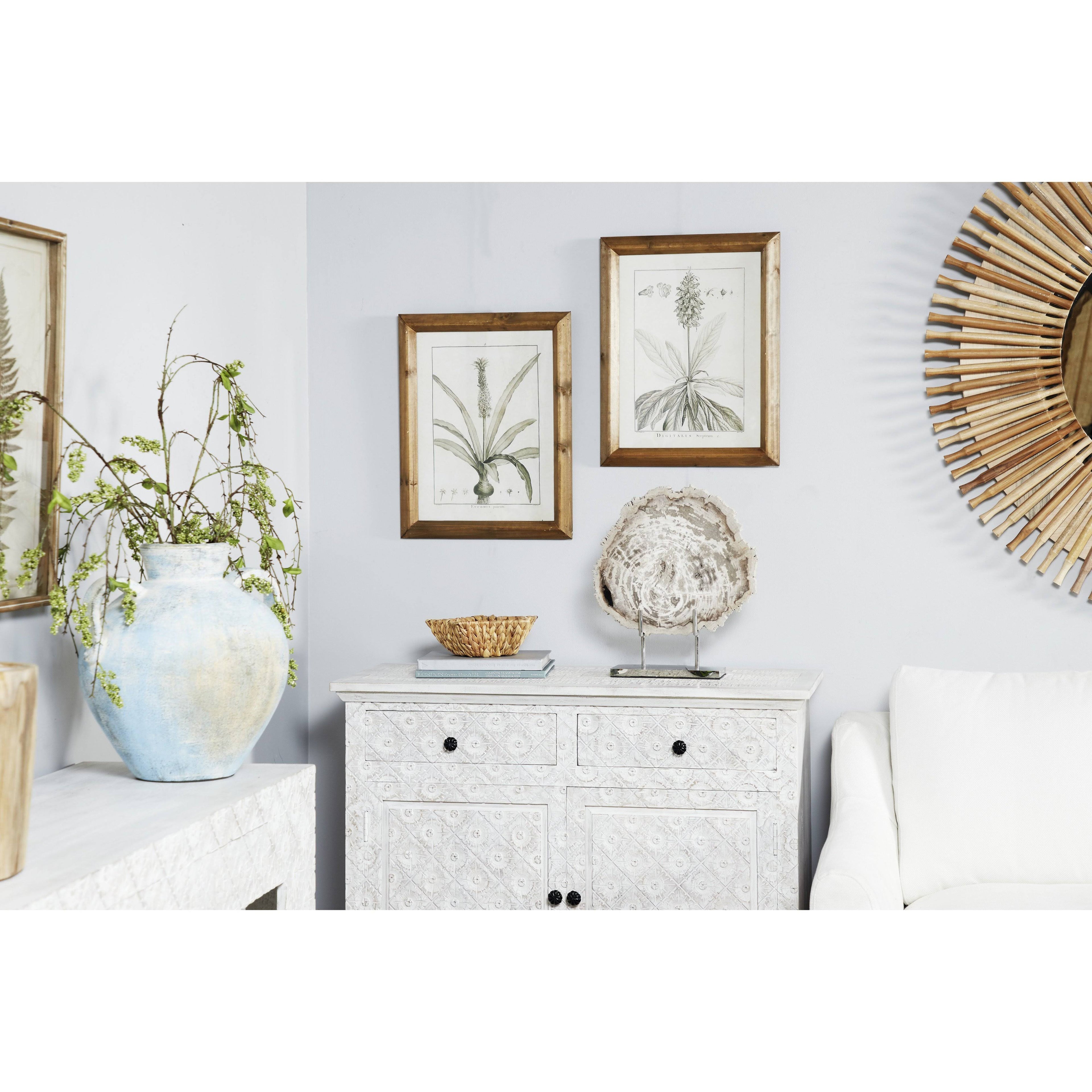 Large Black and White Vintage Botanical Prints in Natural Wood Frames Set V2872