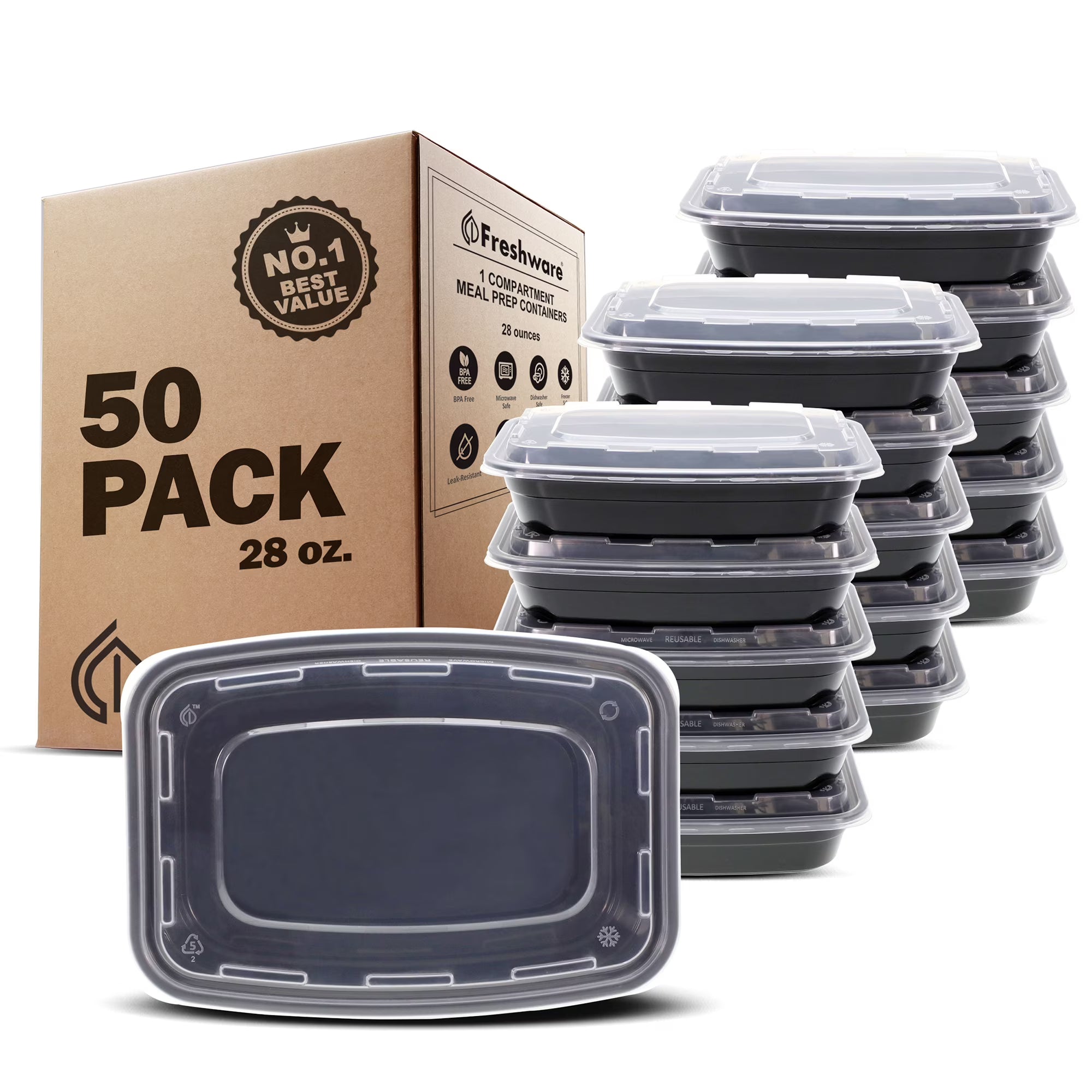 50 Pack 1 Compartment Food Storage Containers with Lids (28 oz) V14548