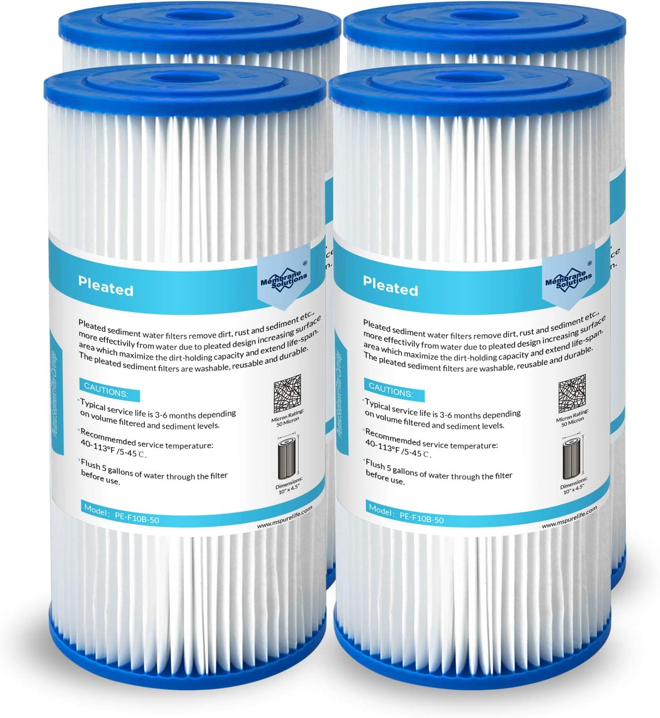 50 Micron Pleated Water Filter 10x4.5 Sediment Replacement Cartridge (4 Pack) H946285