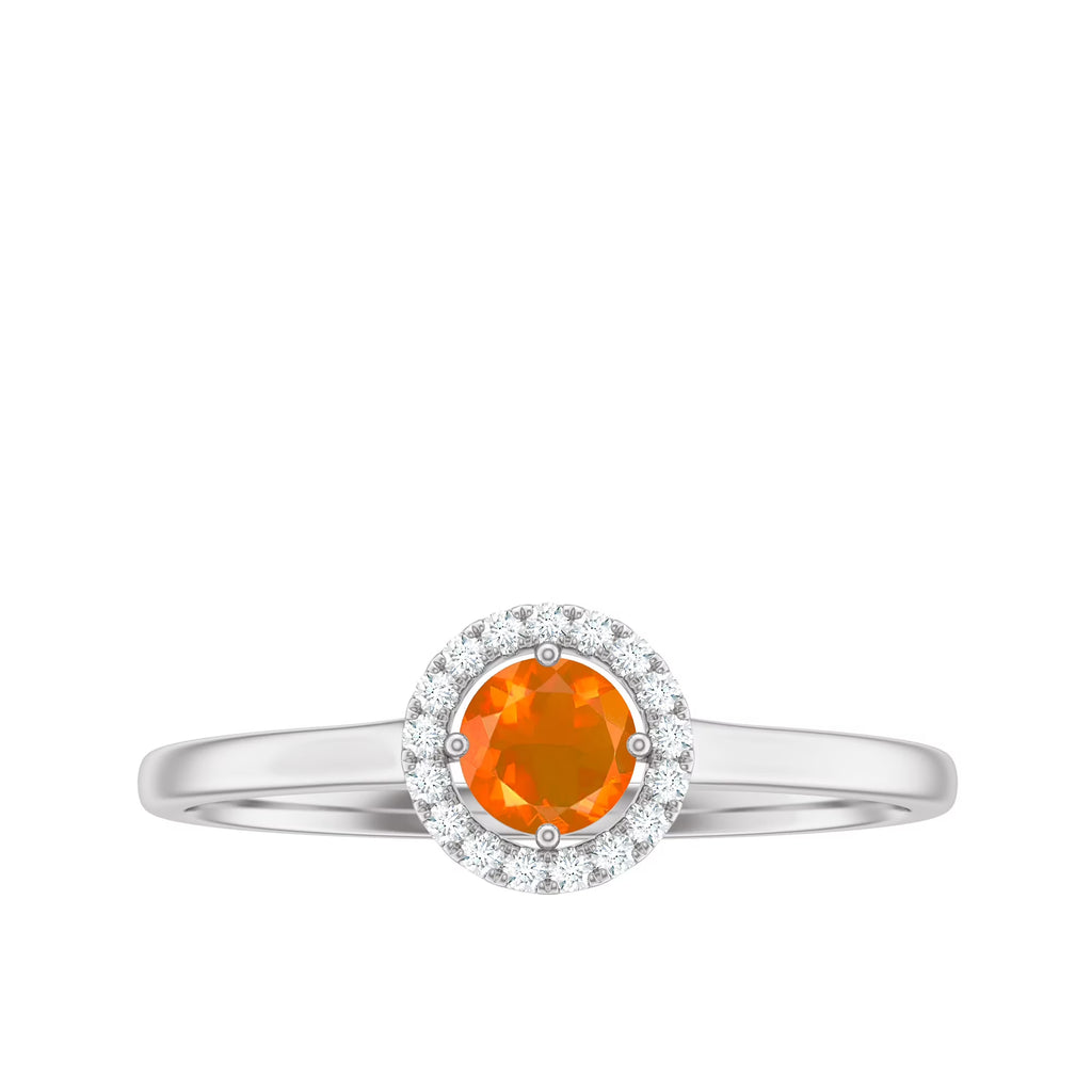 1/4 CT Round Fire Opal Ring with Diamond Halo, 925 Sterling Silver Y359834