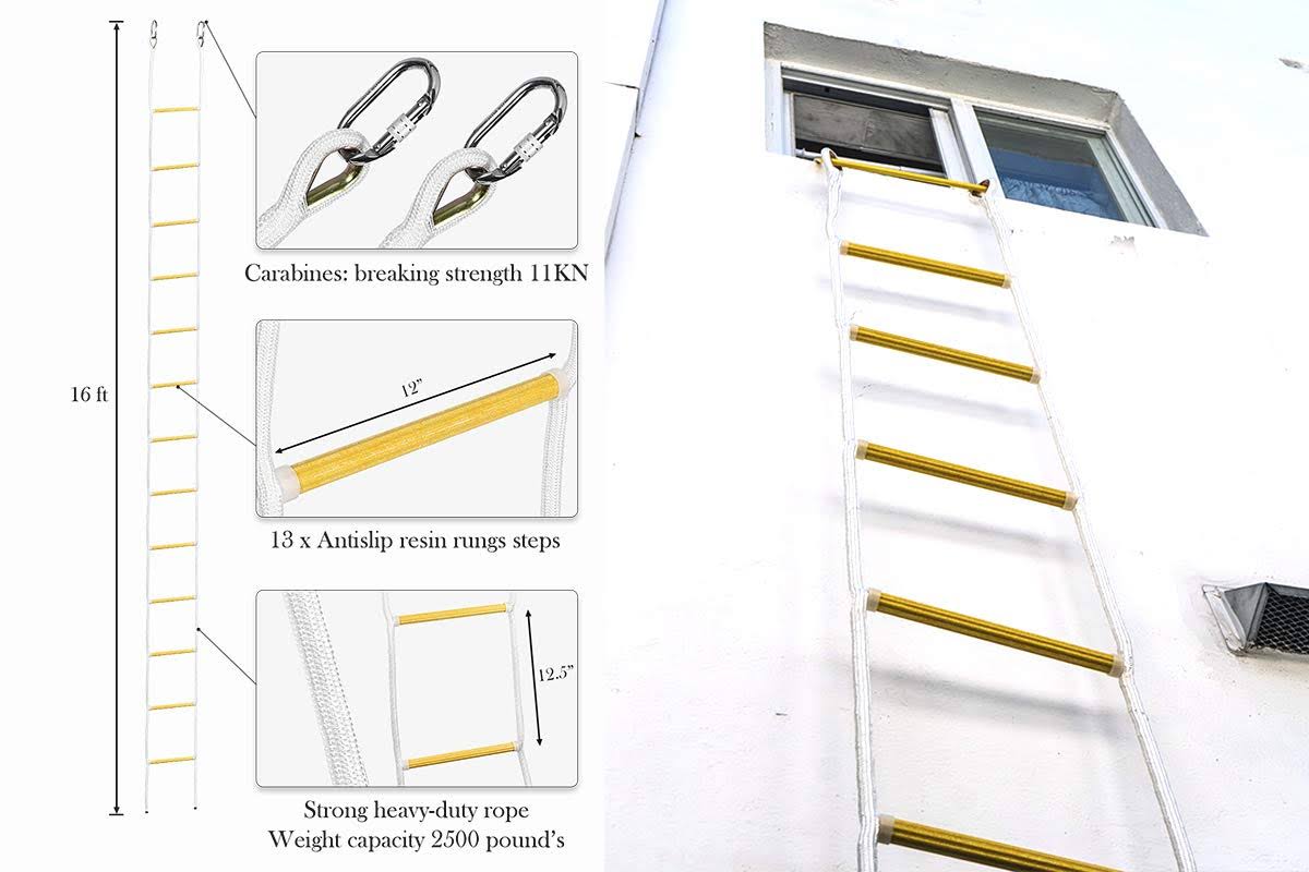 16 ft Flame Resistant Fire Escape Rope Ladder with Hooks I624668
