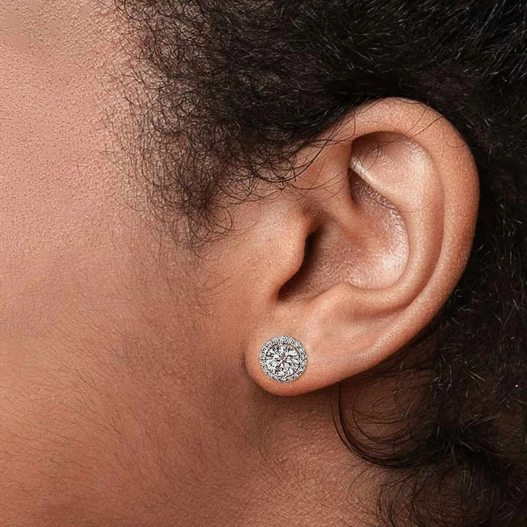 18K White Gold Diamond Halo Stud Earrings Screw-Back M254557