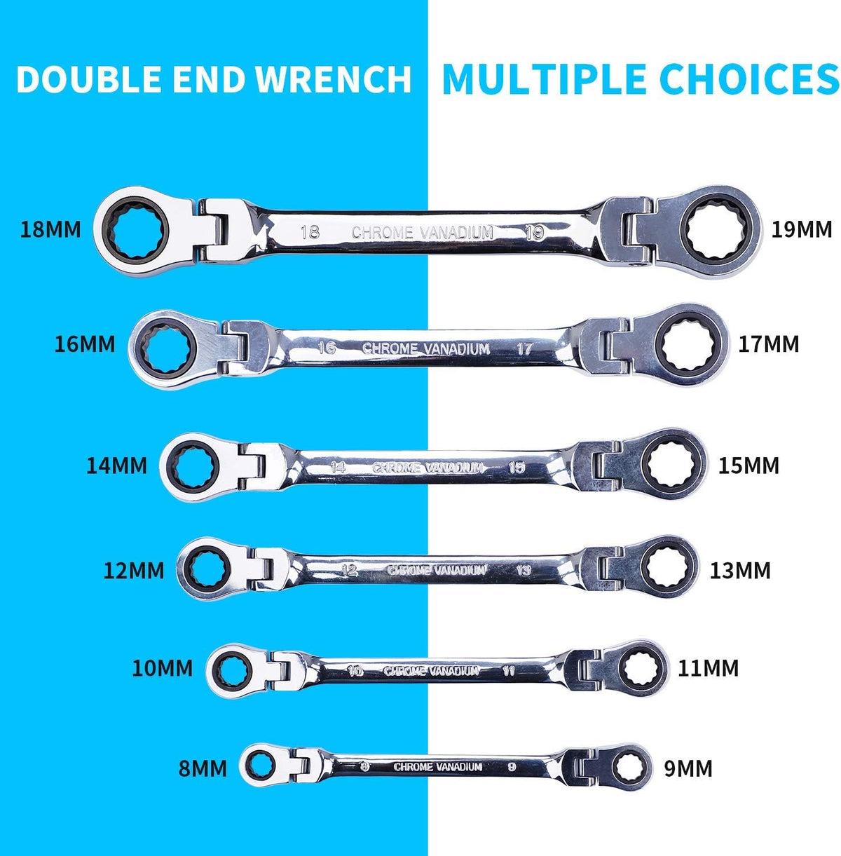 8-19mm Chrome Vanadium Steel Ratchet Wrench Set with Organizer Pouch, 6-Piece Pack of 2 B652