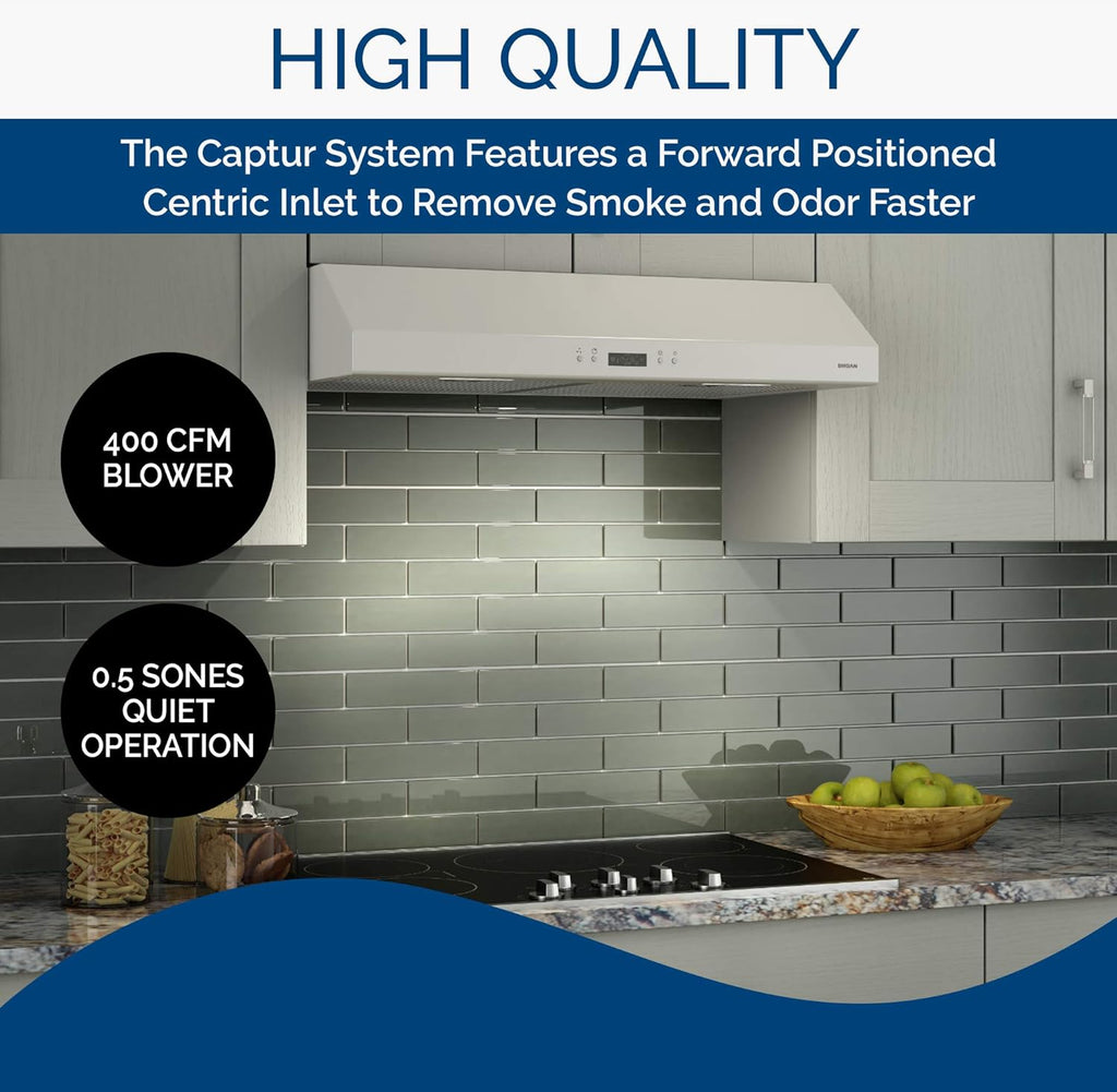 White 30-inch Under Cabinet Range Hood with Light Exhaust Fan, 400 CFM U61495